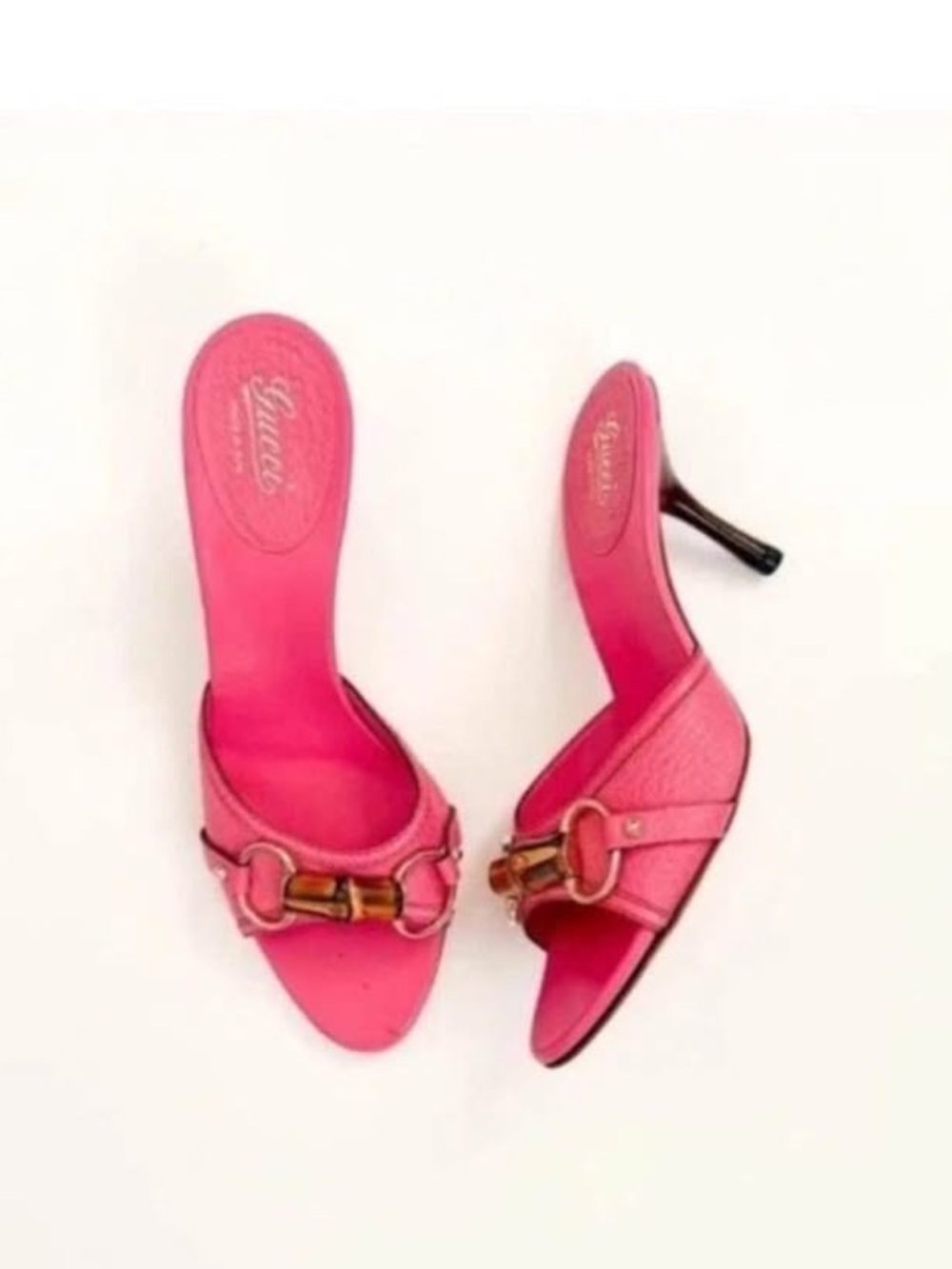 Gucci Pink Bamboo Horsebit Open-Toe Mule Heels 8.5